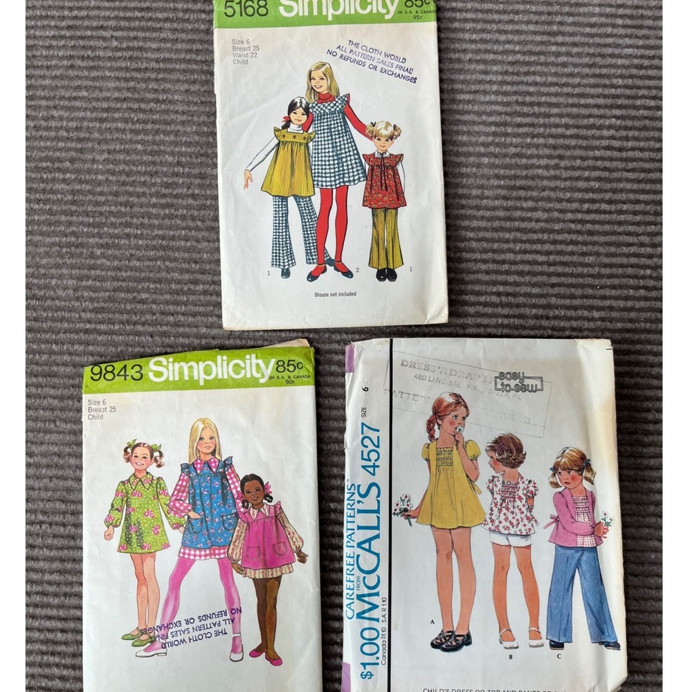 Vintage 70s Girls Sewing Pattern Lot Simplicity 5168 9843 McCall's 4527 Size 6